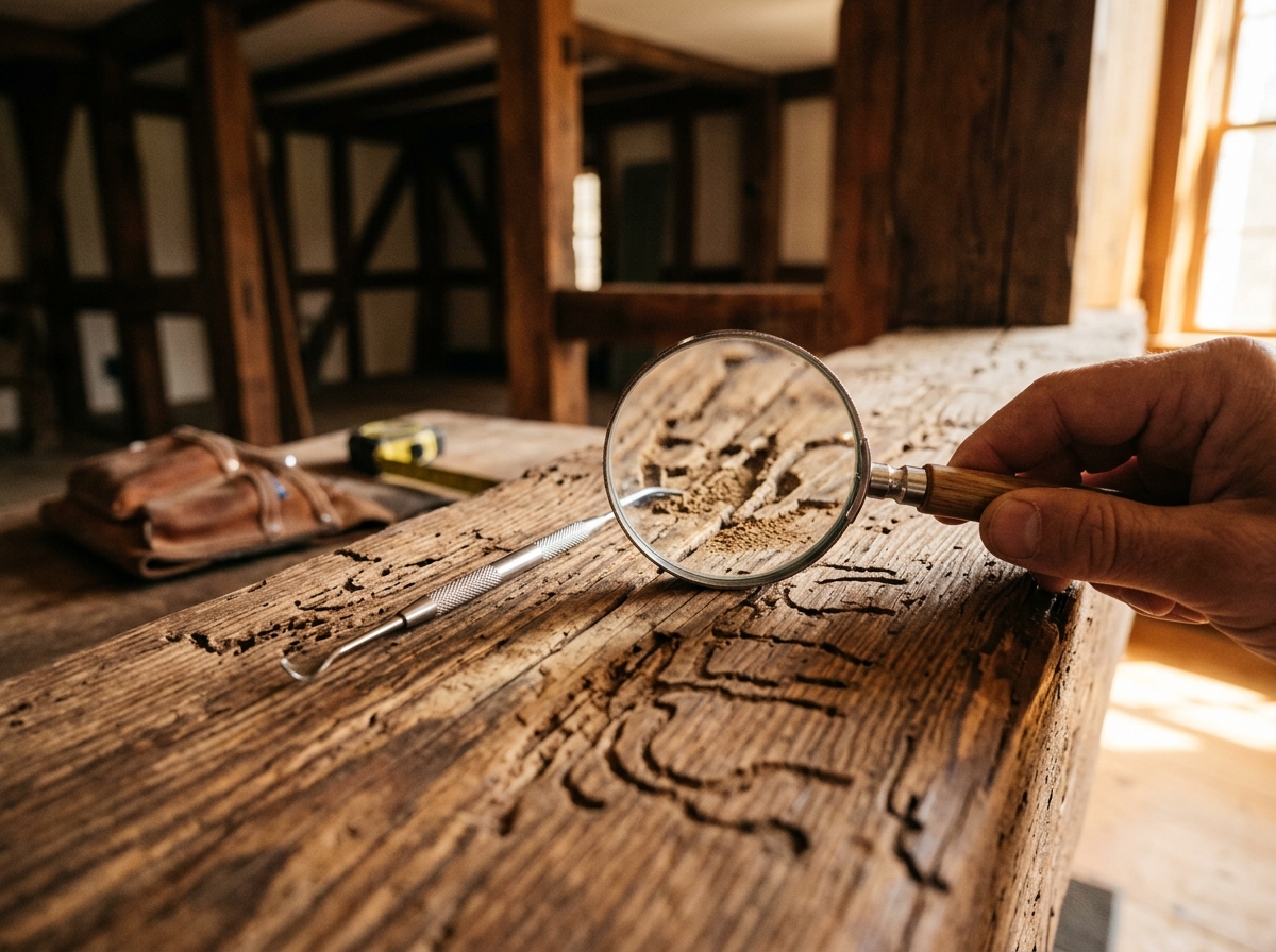 Close-up of wood grain with magnifying glass showing pest damage galleries in an aged timber beam, natural light
