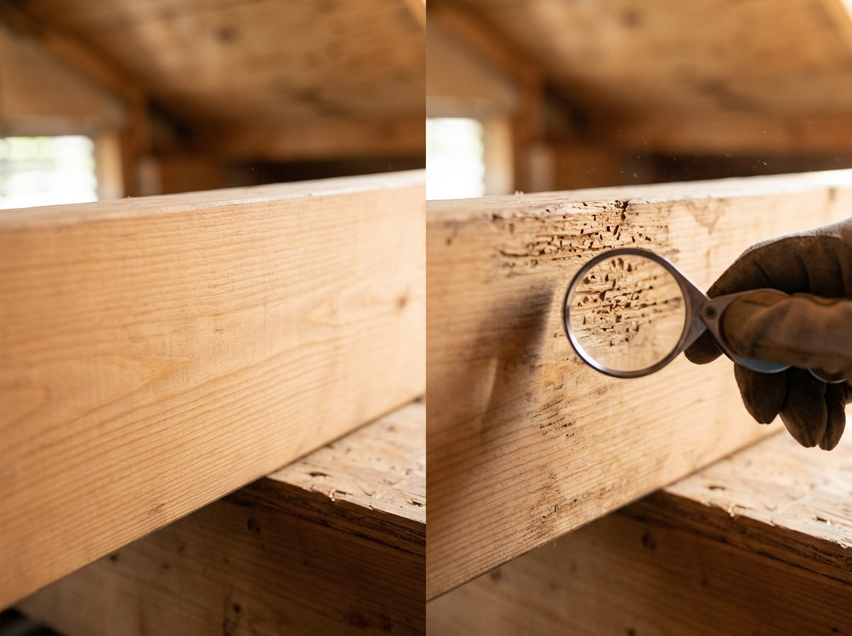 Close-up of wood grain showing termite damage next to a magnifying glass, inspecting a structural timber beam in natural light.