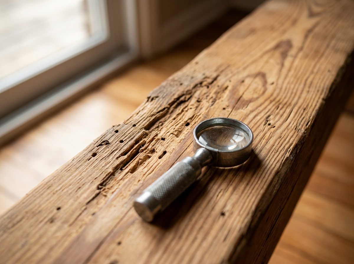 Close-up of wood grain showing termite damage, with magnifying glass nearby on a residential wooden beam lit by natural window light.