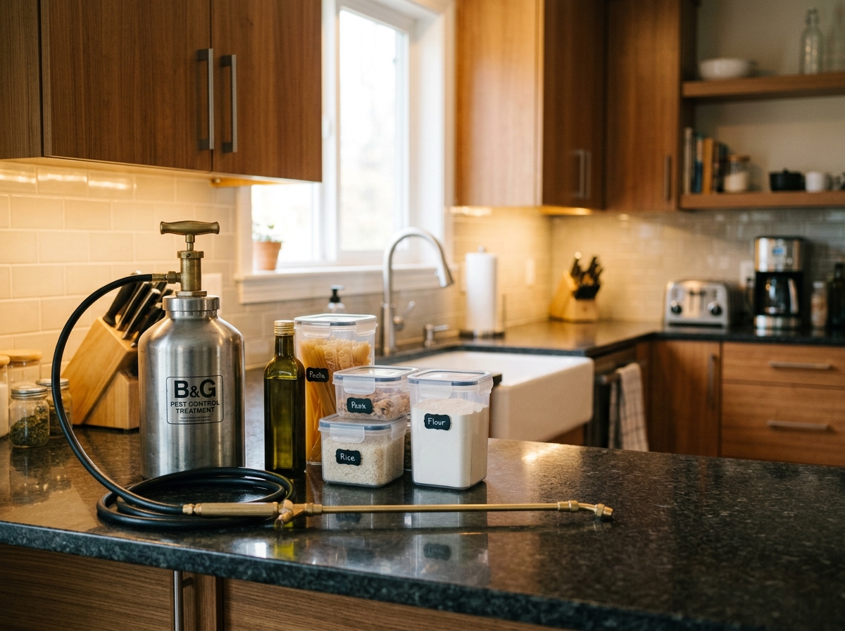 Pest control spray canister on a kitchen counter next to sealed food containers, with wooden cabinets and granite countertop.
