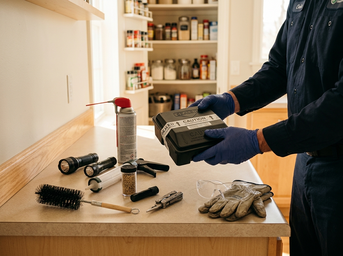 Pest control technician's gloved hands holding a sealed trap with safety gear and treatment tools displayed in a bright residential kitchen.