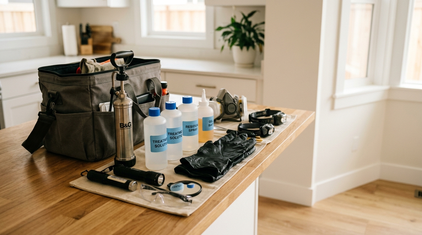 Pest control technician's equipment kit neatly arranged on a kitchen counter, including treatment containers, gloves, and safety gear near b