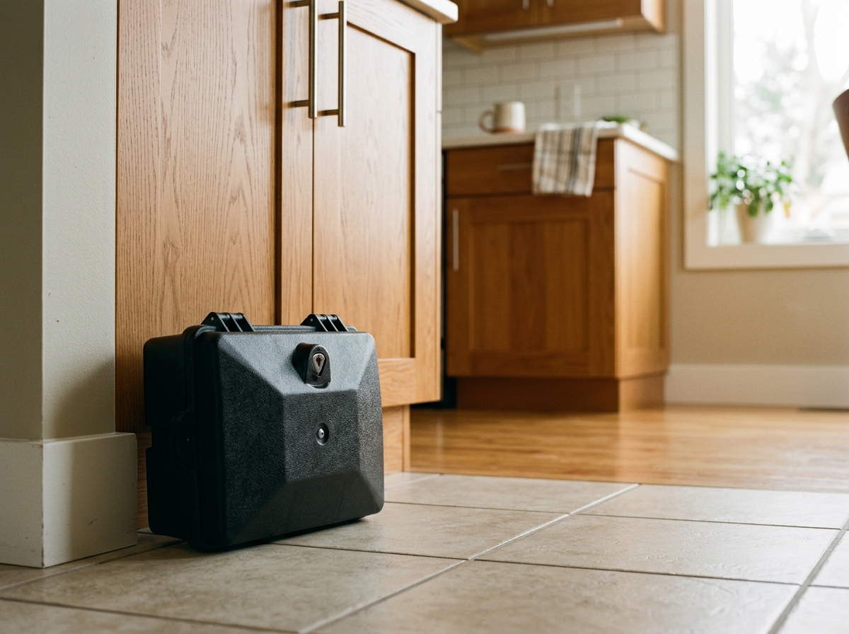 Tamper-resistant pest control bait station on a kitchen floor edge with warm lighting and clean surfaces.
