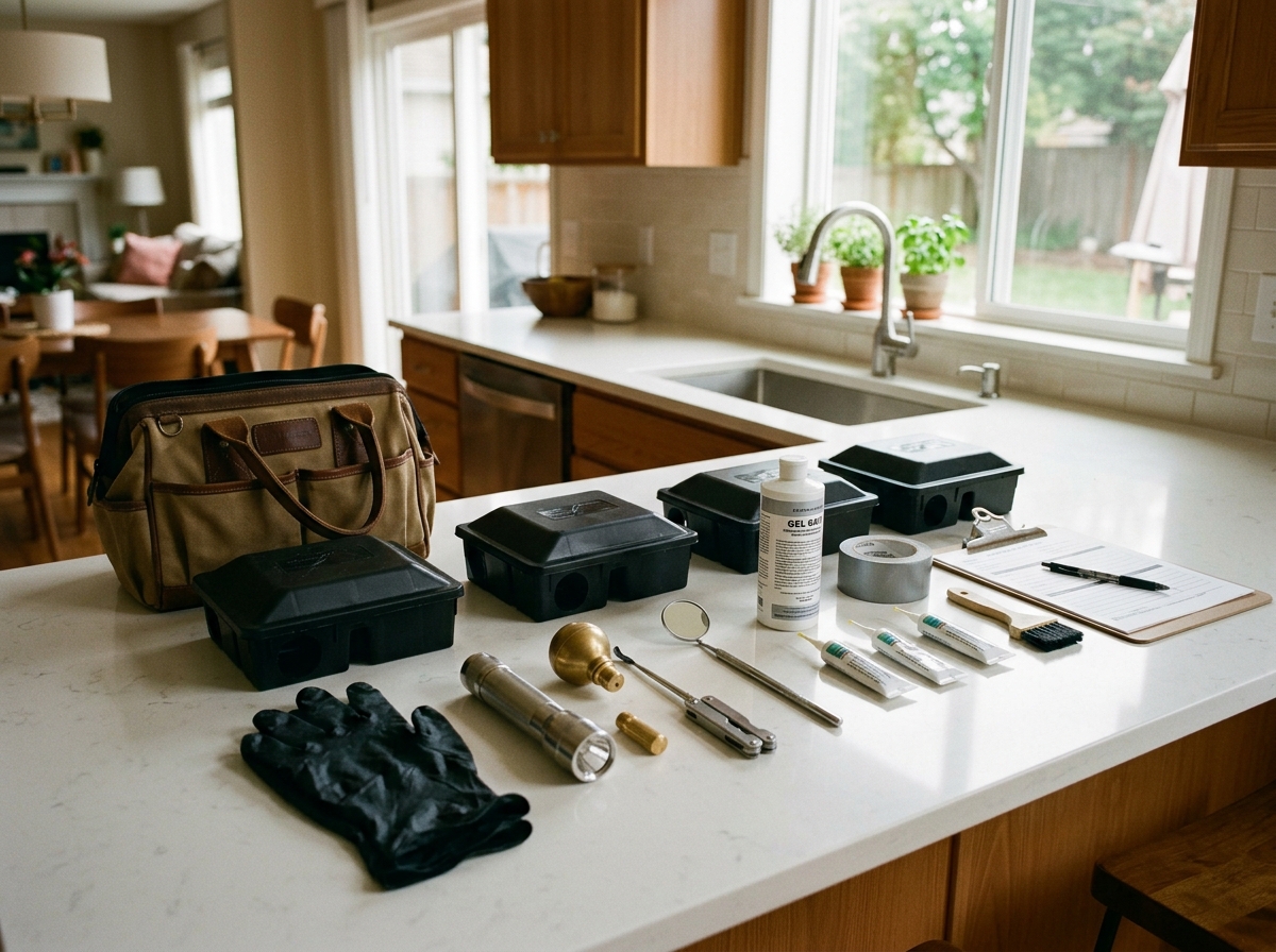 Pest control equipment kit organized on a kitchen counter, including bait stations, gloves, and inspection tools in natural window light.
