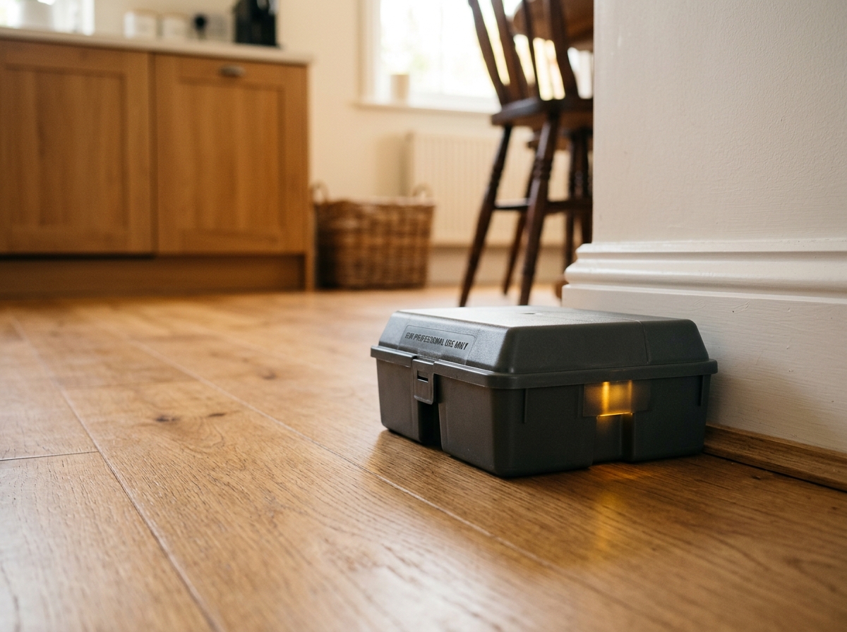 Close-up of a pest control bait station on a wooden floor against a baseboard, with warm natural light from a nearby window.