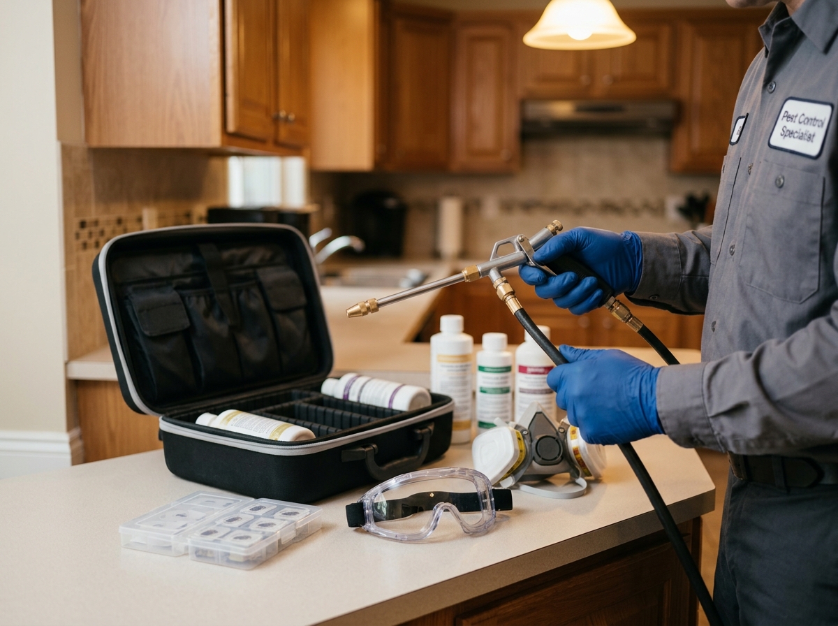 Pest control technician's gloved hands holding applicator with safety gear and sealed solution containers arranged in a residential kitchen