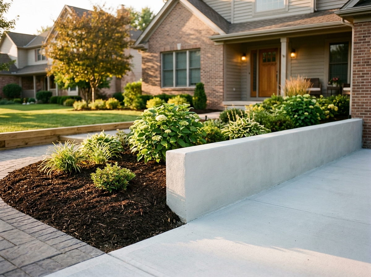 Corner of a suburban home's sealed foundation meeting mulched garden beds, lit by golden afternoon sunlight casting long shadows.