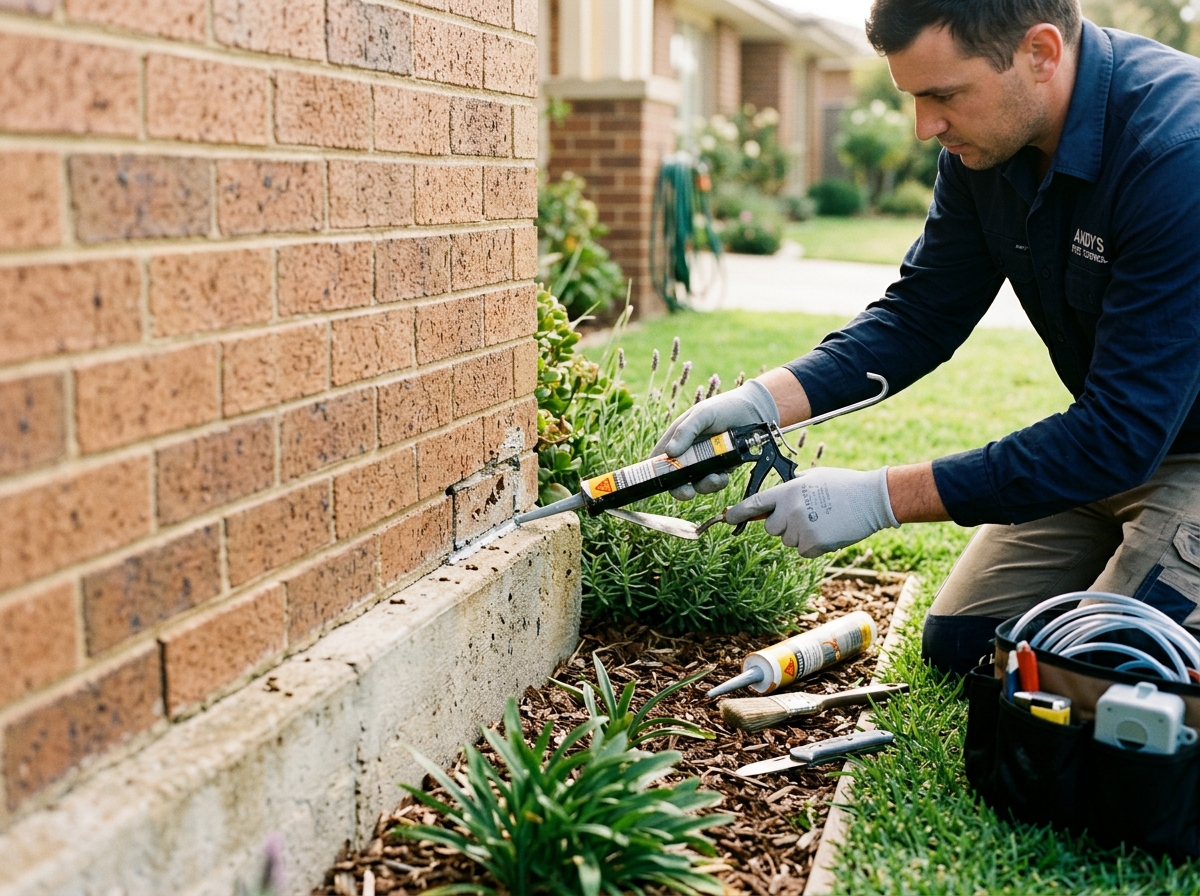 Pest control professional sealing foundation corner of suburban home with equipment nearby, clean lawn visible