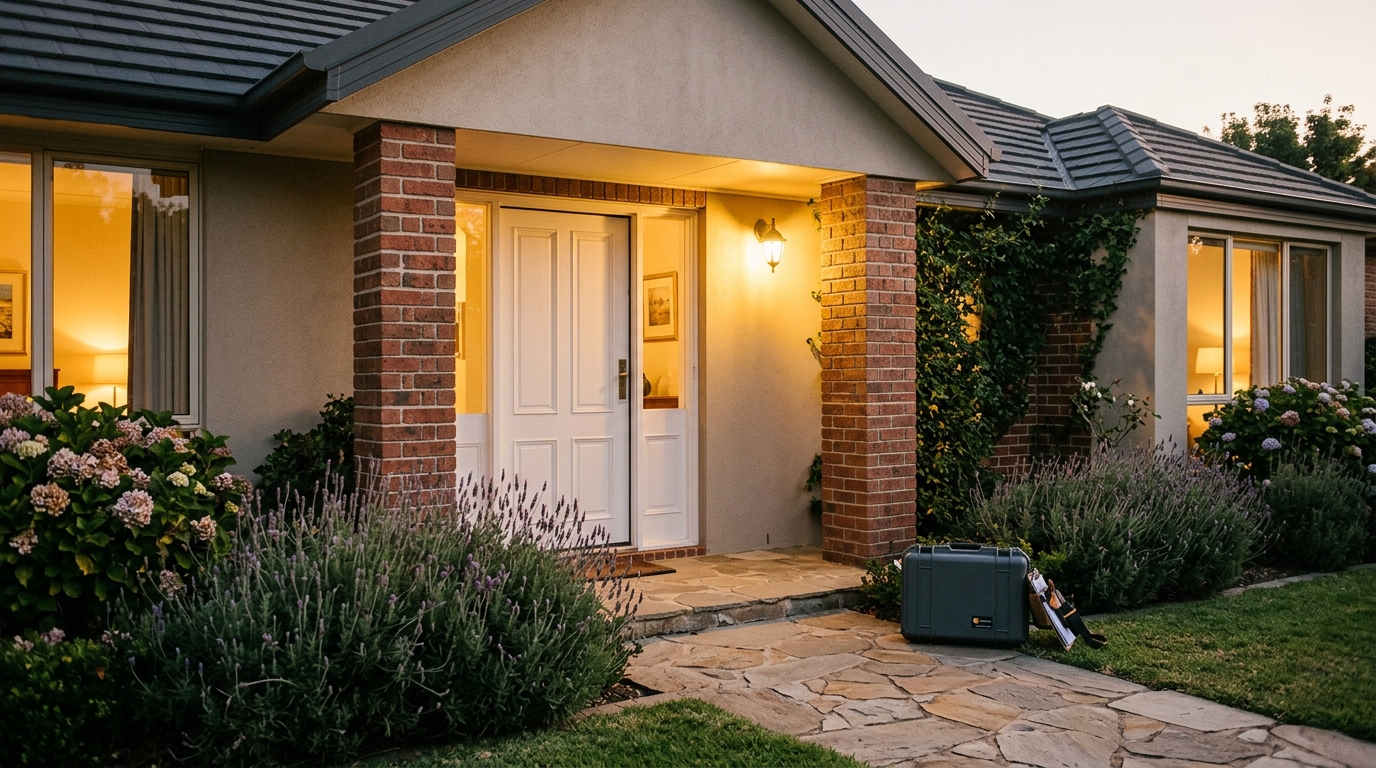 Suburban home entrance at dusk with warm lighting, showing sealed doorframe and pest control equipment case nearby.