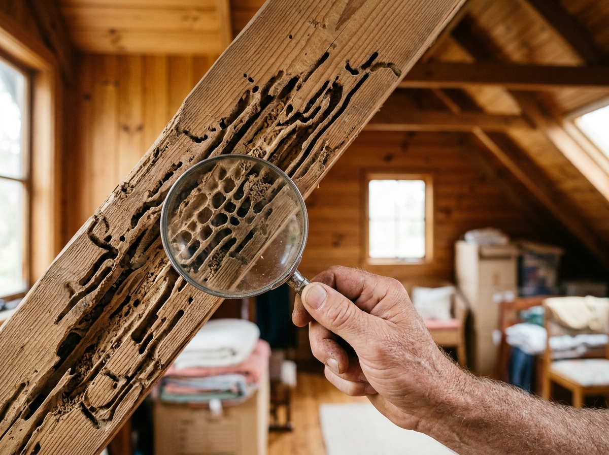 Close-up of wooden beam with termite damage galleries and tunnels, magnifying glass showing inspection, warm timber-lined room with natural