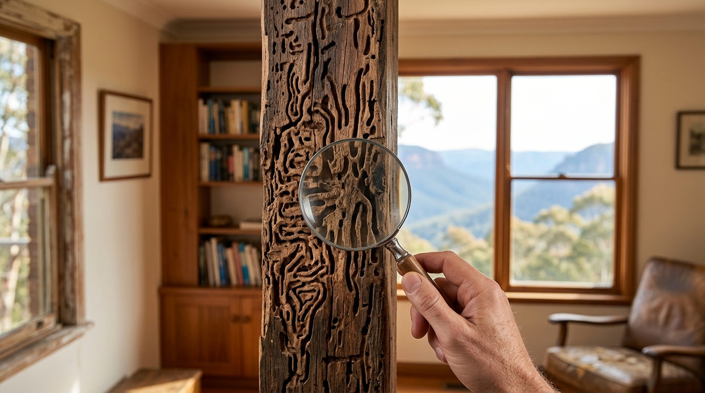 Close-up of wooden beam with termite damage galleries and tunnels, inspection tool positioned against it, natural light from window