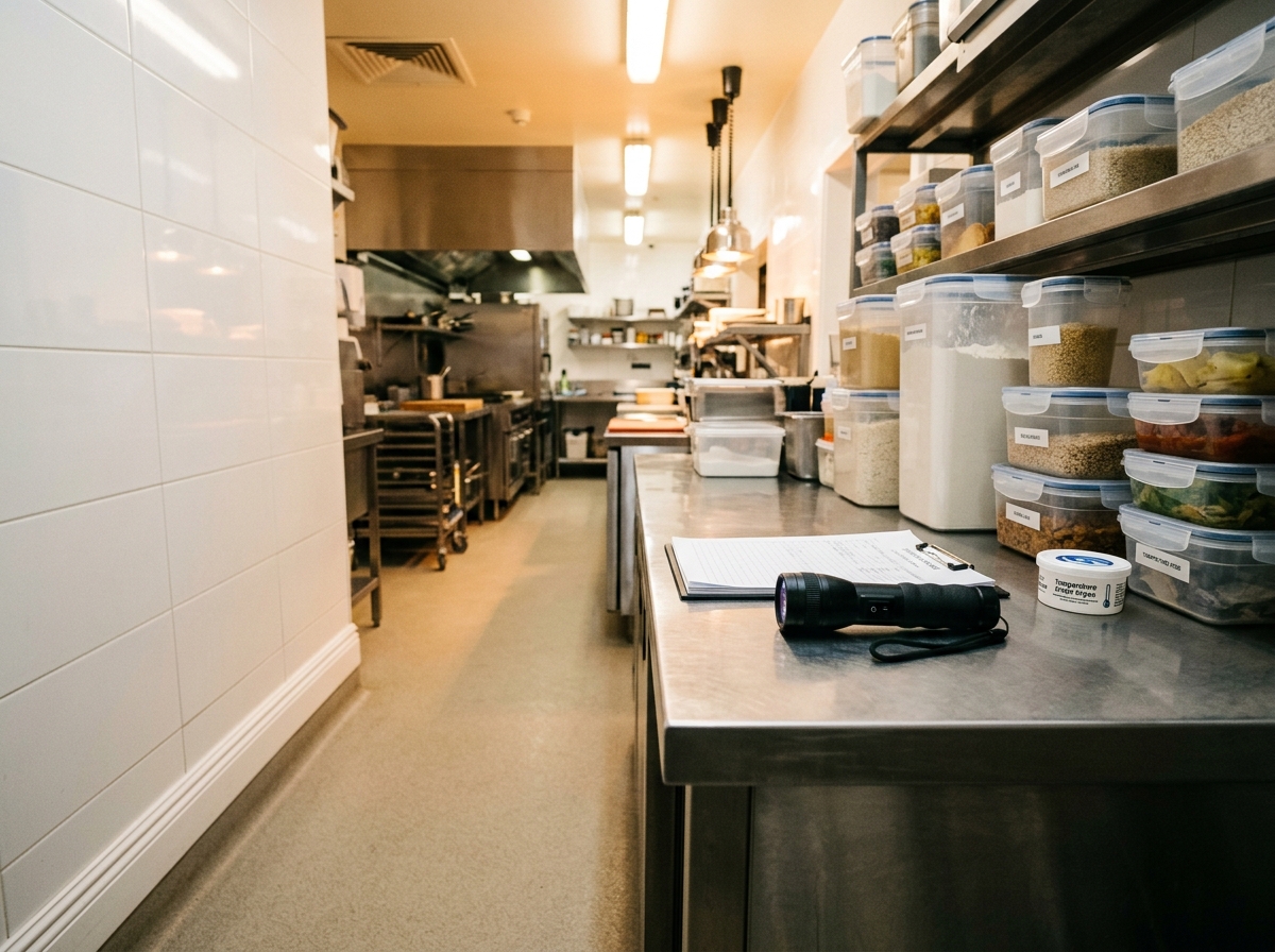 Stainless steel commercial kitchen corner with sealed food containers, clean baseboards, and UV pest detection device on counter.