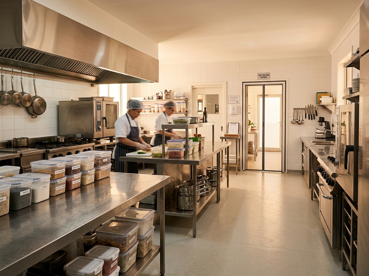 Clean commercial kitchen with stainless steel counters, sealed food storage containers, and professional equipment with protective barriers