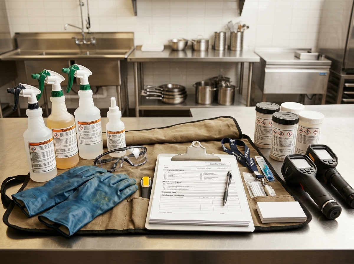 Pest control technician's equipment kit displayed on stainless steel counter, including labeled spray bottles, gloves, clipboard with certif