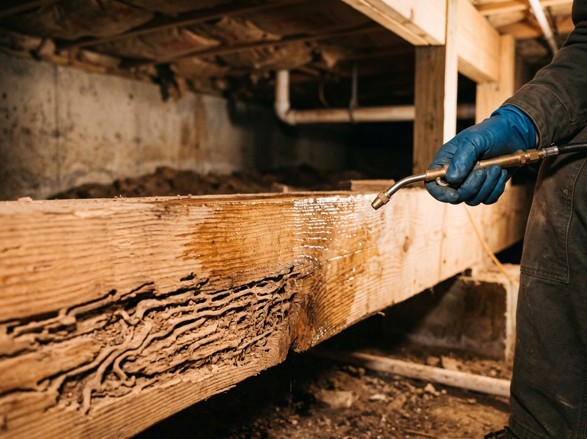 Close-up of wooden beam with termite damage and treatment application in a residential basement or crawl space.