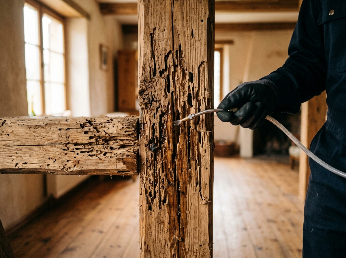 Close-up of wooden beam with termite damage and treatment application, lit by natural window light in a home interior.