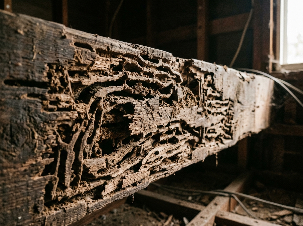 Close-up of termite damage in wooden beam showing tunnels and galleries with deteriorated wood in a residential home interior.