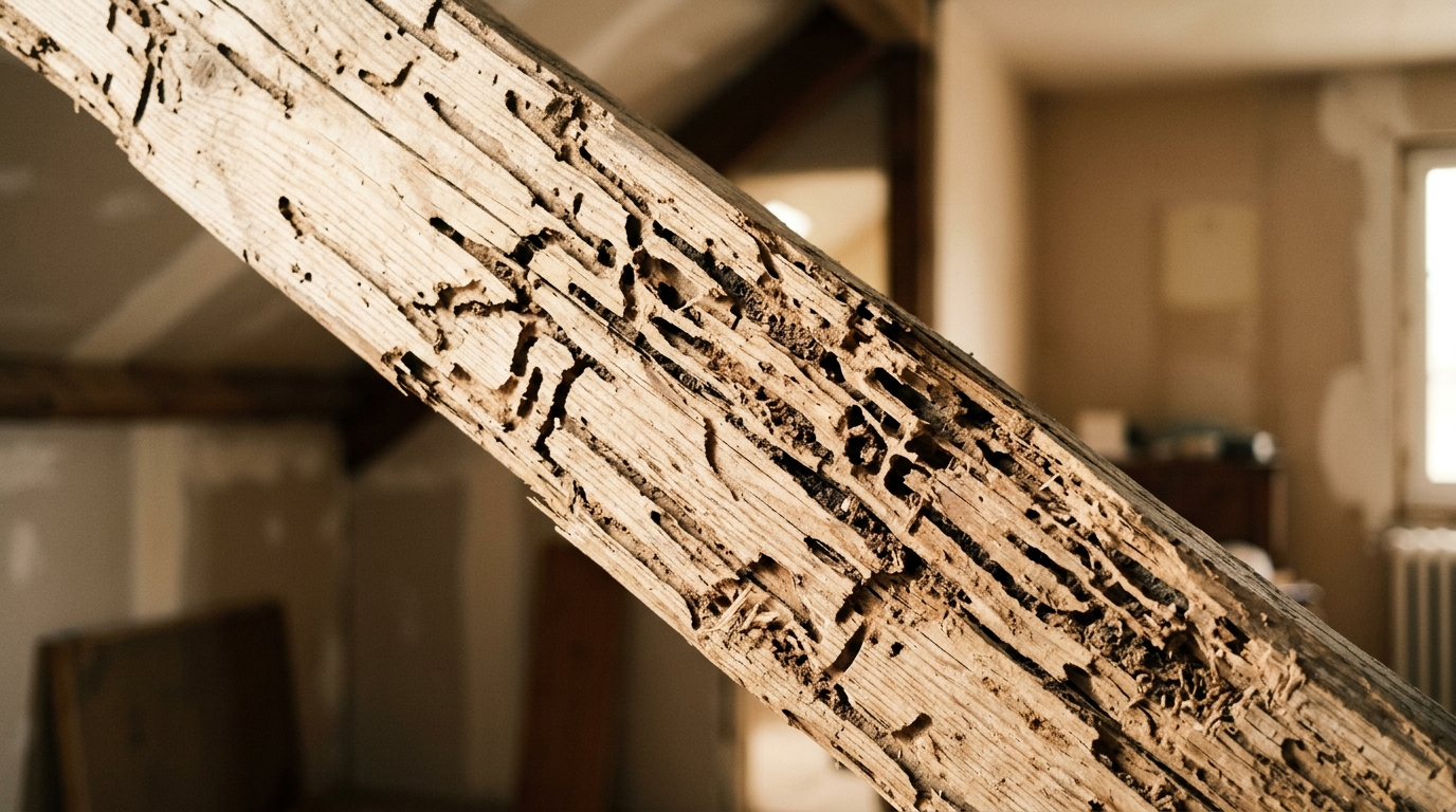 Close-up of wooden beam with termite damage showing tunnels and galleries, natural light illuminating deteriorated wood grain in a home inte