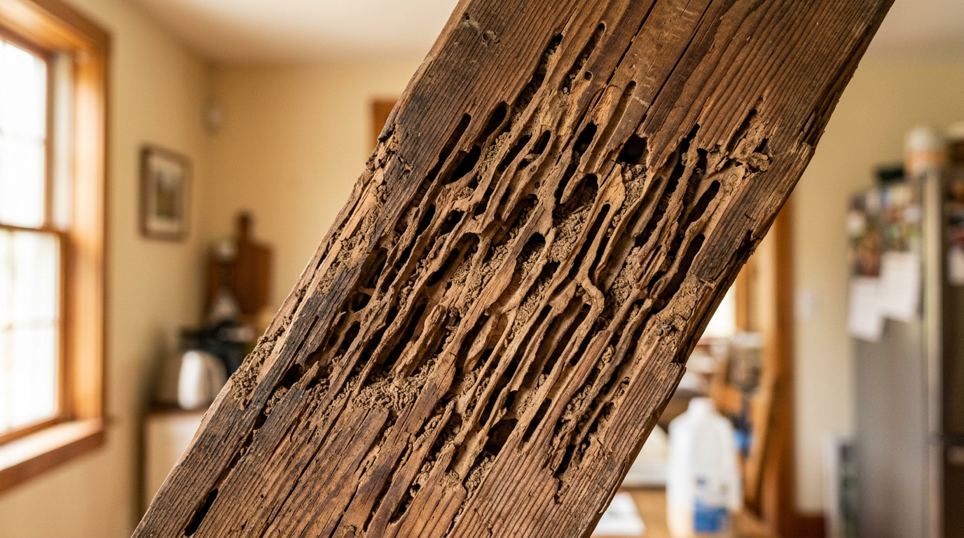 Close-up of termite damage on a wooden beam showing tunnels and galleries eaten through the wood grain, lit by natural window light.