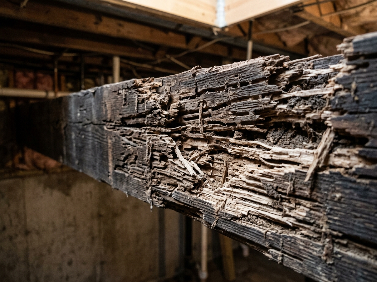 Close-up of termite damage on wooden beam showing tunnels and galleries with separated wood grain in a home basement.