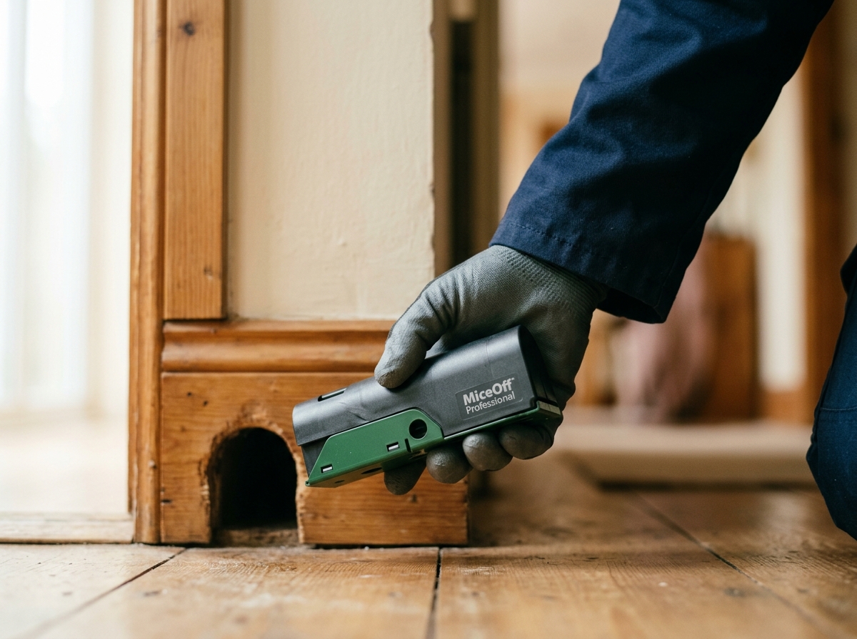 Pest control technician's gloved hand holding a sealed trap device near a mousehole in a wooden baseboard.