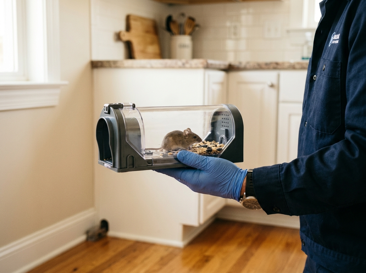 Pest control technician's gloved hand holding a transparent trap with a captured mouse in a residential kitchen.