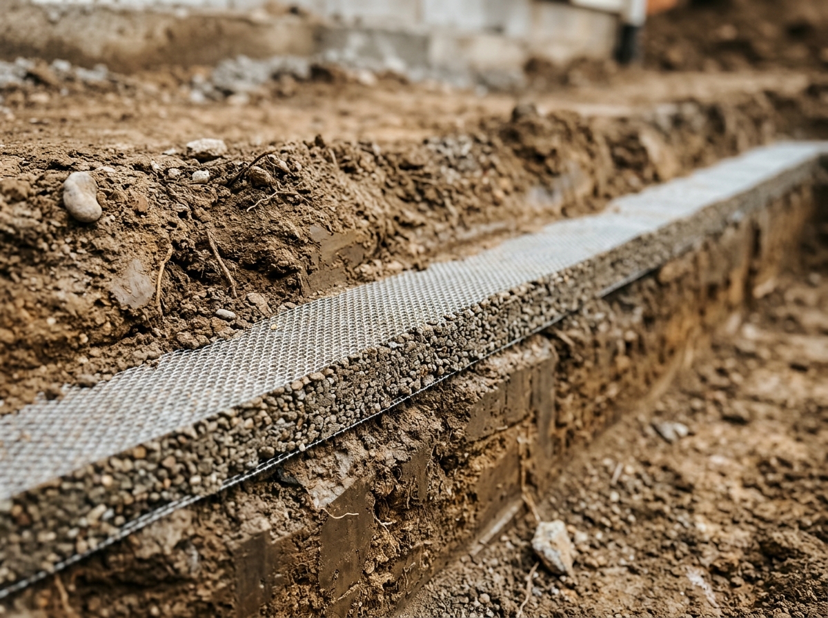 Soil cross-section showing a continuous horizontal mesh barrier layer embedded in earth at ground level to prevent termites.