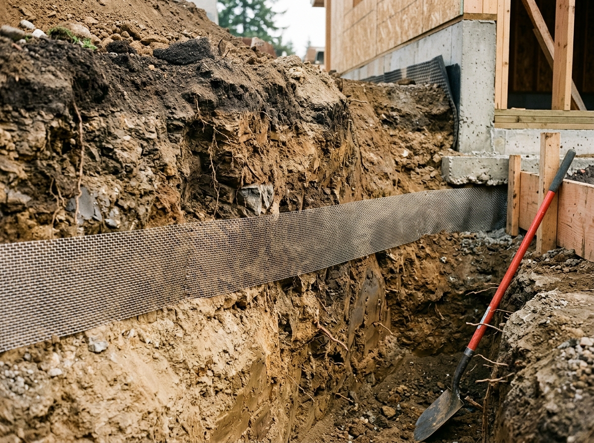 Soil cross-section showing a metal mesh termite barrier layer embedded in earth, with clear distinction between treated and untreated zones.