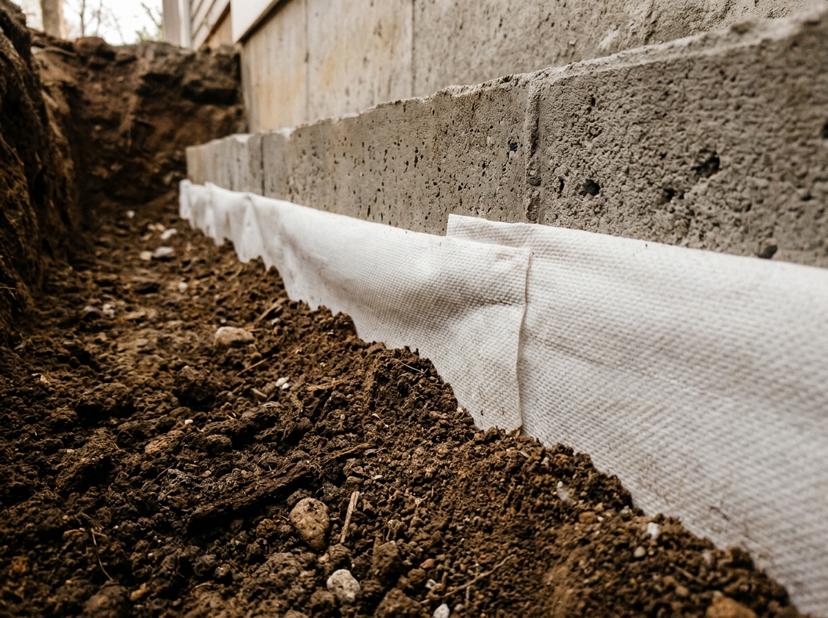 Cross-section of soil showing a continuous termite barrier layer beneath concrete foundation footing in residential home.