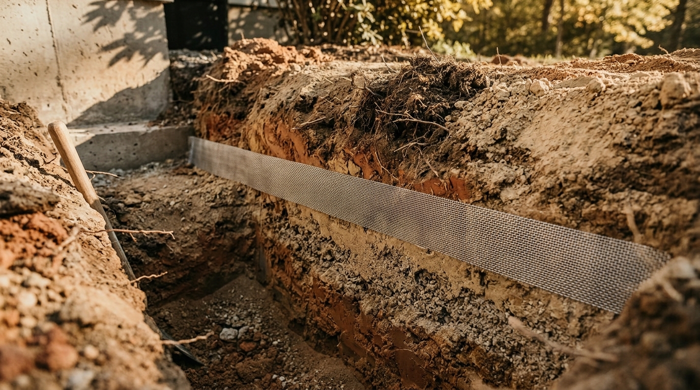 Soil cross-section showing a metal mesh termite barrier embedded in foundation trench between earth layers.