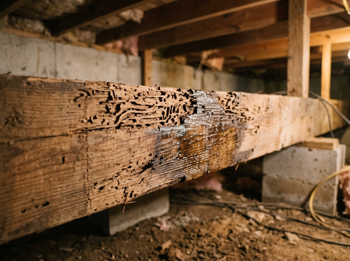Wooden floor joist with termite damage and treatment application visible in a basement crawl space next to concrete foundation walls.