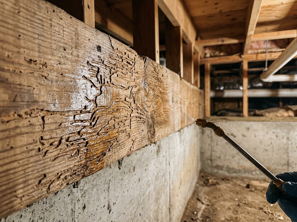Close-up of wooden floor joist with termite damage and treatment application in basement crawl space, showing exposed framing and concrete f