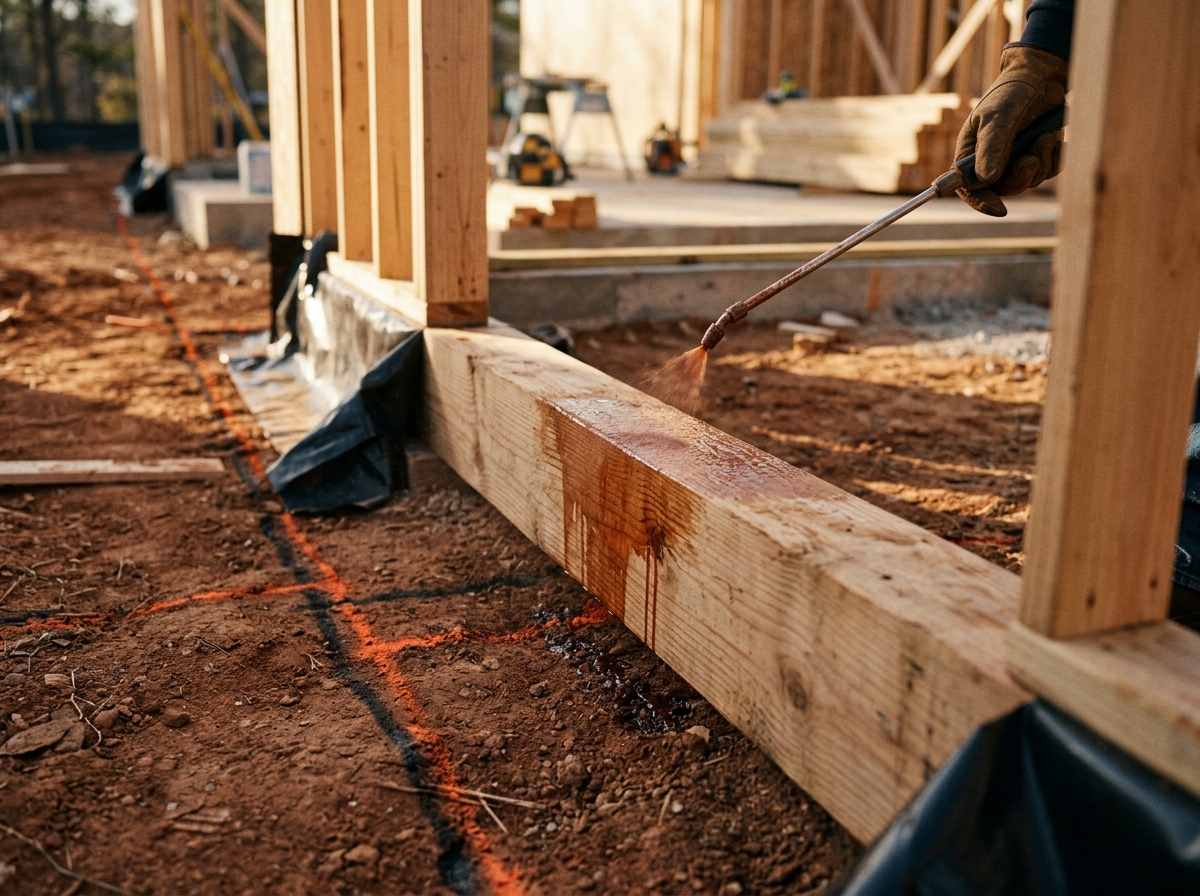 Close-up of protective barrier being applied to wooden foundation beam during pre-construction phase