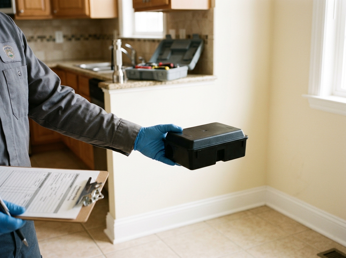 Pest control technician in gloves placing a bait station in a kitchen corner, with clipboard and tools nearby.