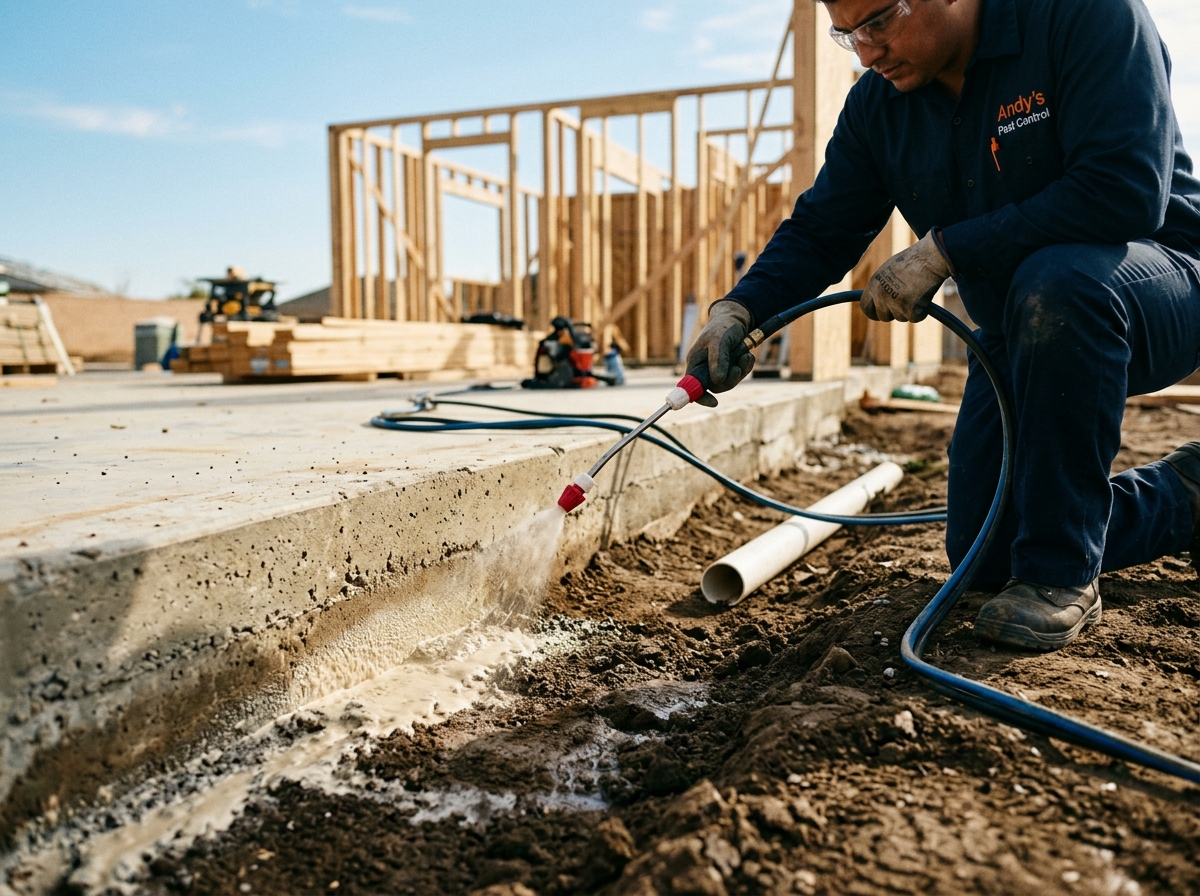 Worker applying chemical termite barrier to soil around concrete foundation of new home construction.
