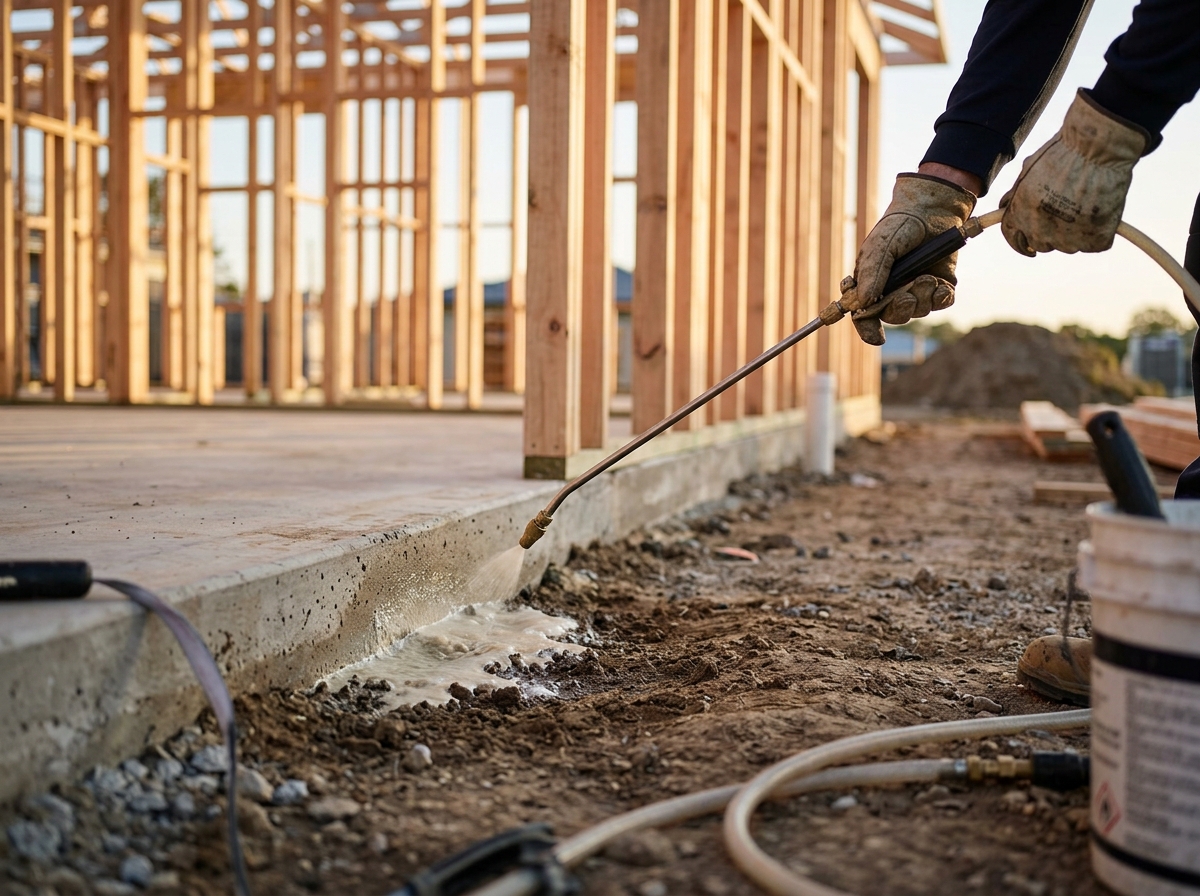 Worker applying chemical termite barrier to concrete foundation perimeter of new home construction site.