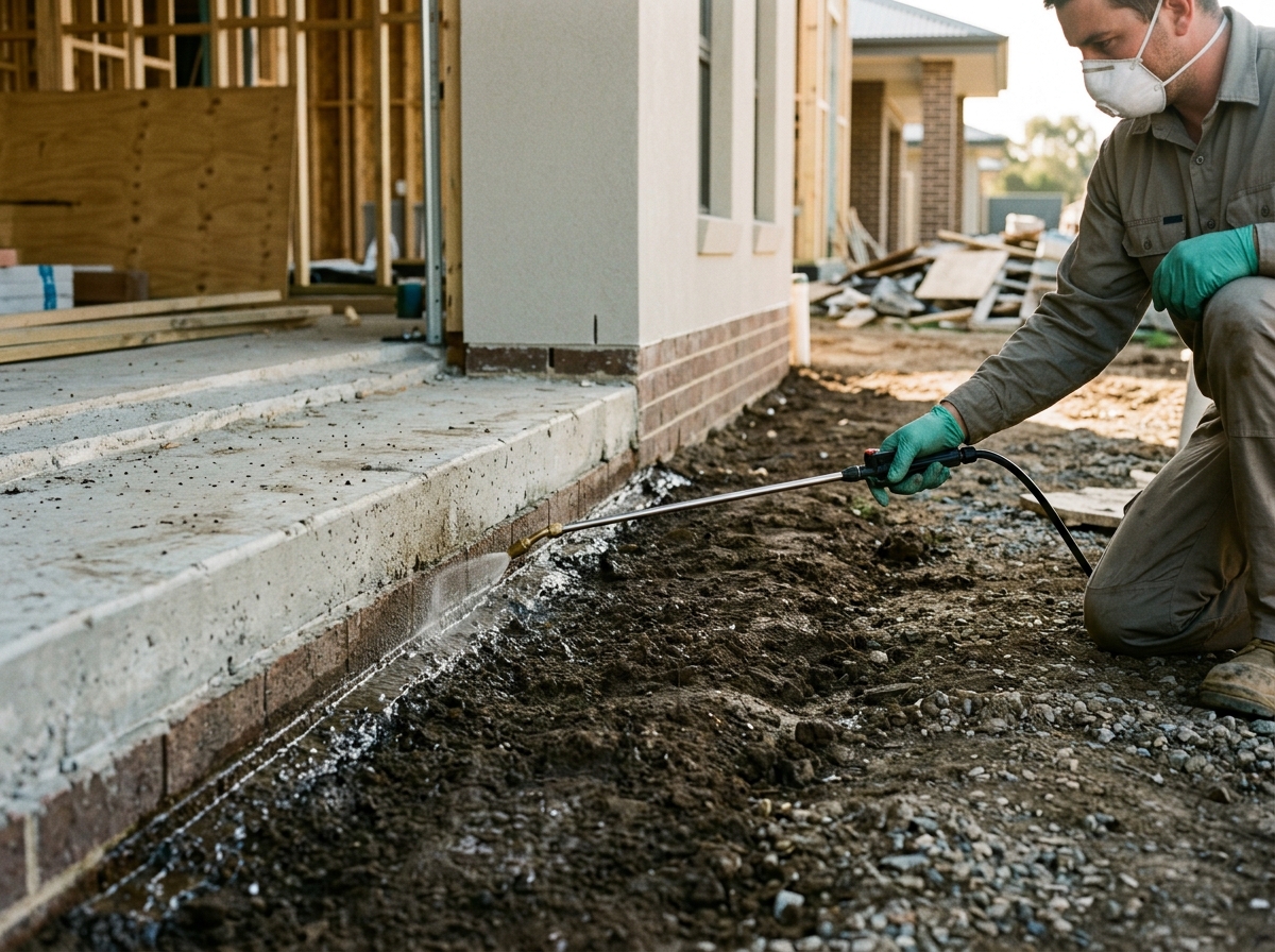 Worker applying chemical termite barrier to concrete foundation perimeter of new home during construction.