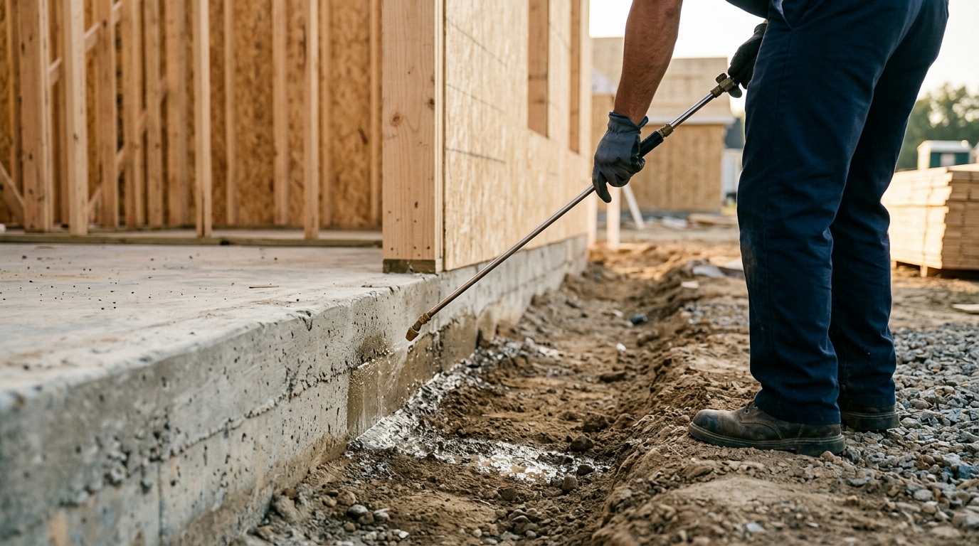Worker applying chemical termite barrier to concrete foundation perimeter of new home under construction