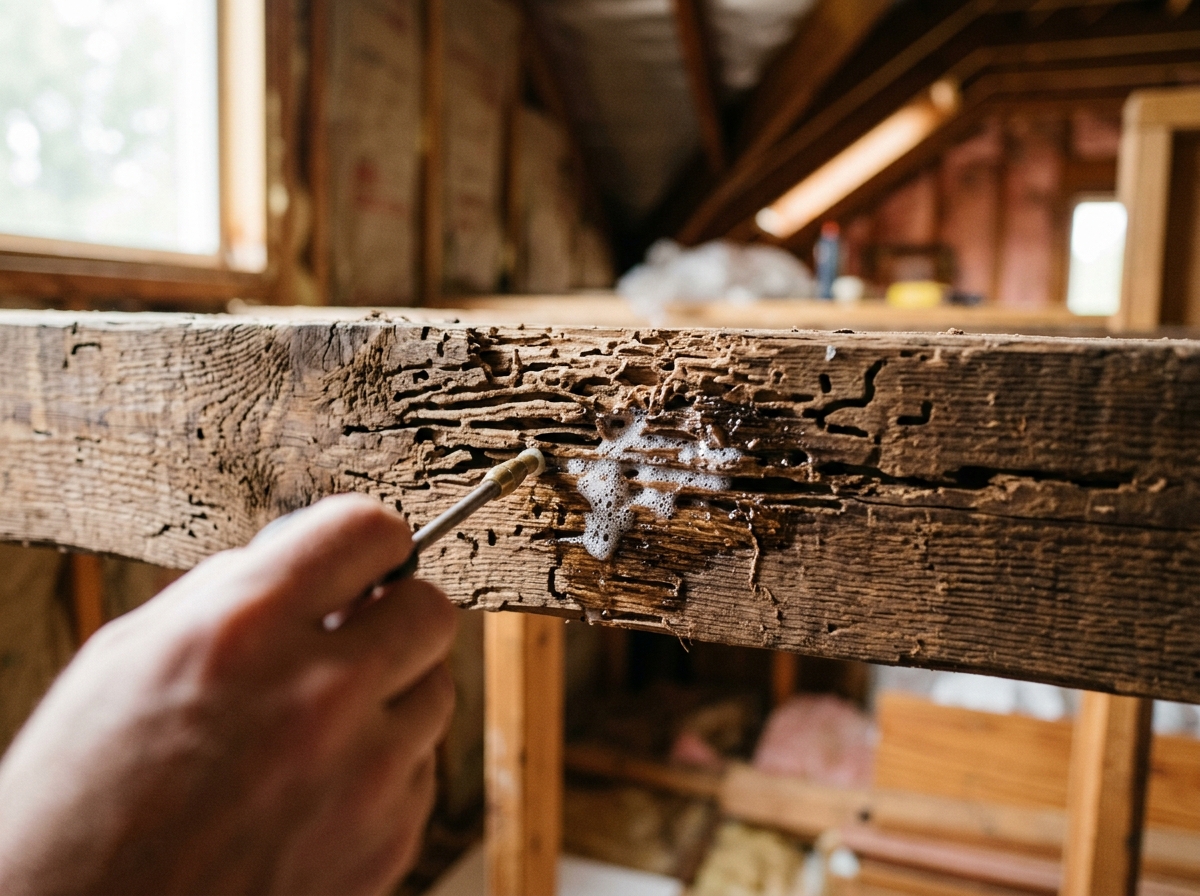 Close-up of wooden beam showing termite damage with treatment application visible on the wood surface.