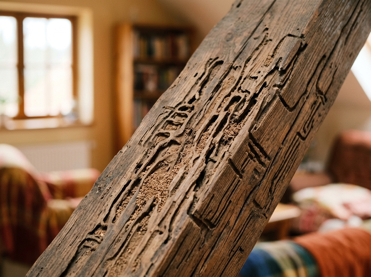 Close-up of wooden beam with termite damage galleries and tunnels, illuminated by natural window light in a home interior.