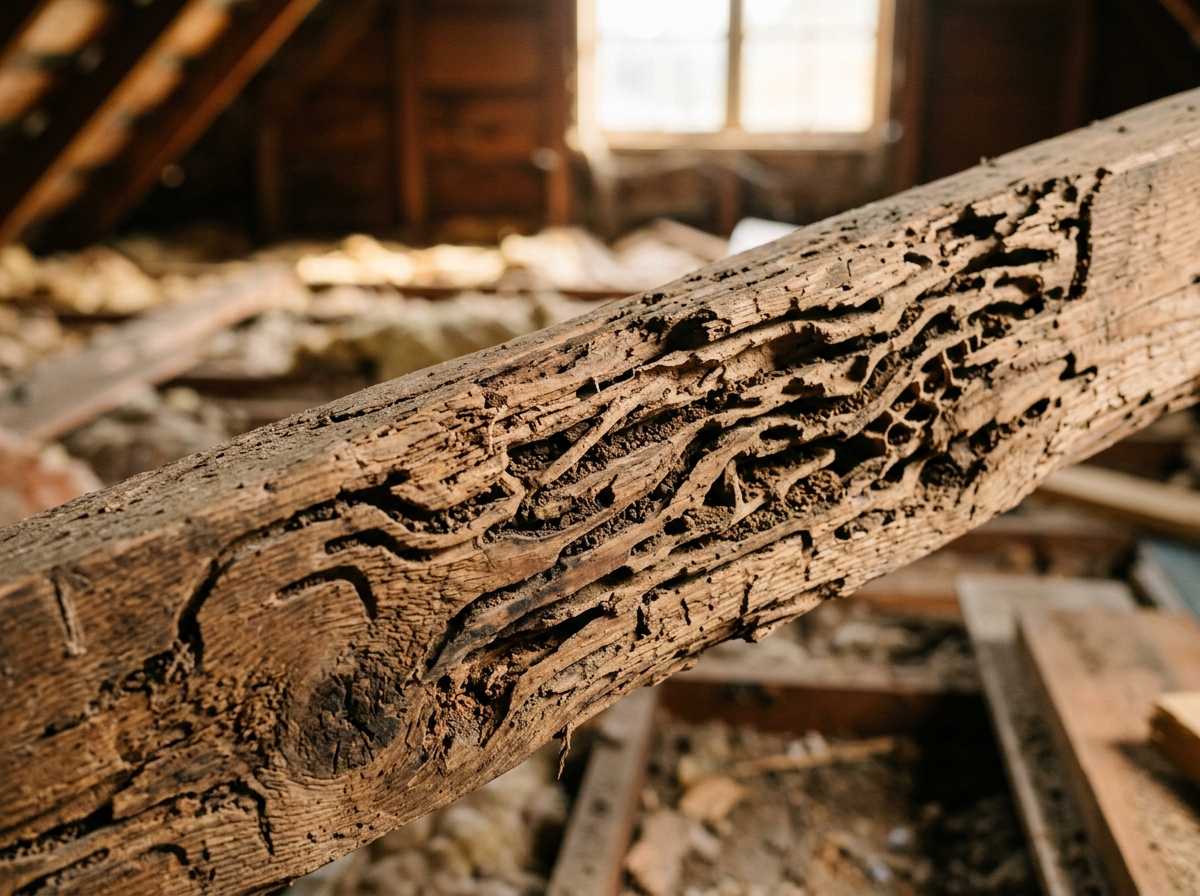 Close-up of wooden beam showing termite damage galleries and tunnels in residential home interior with natural light