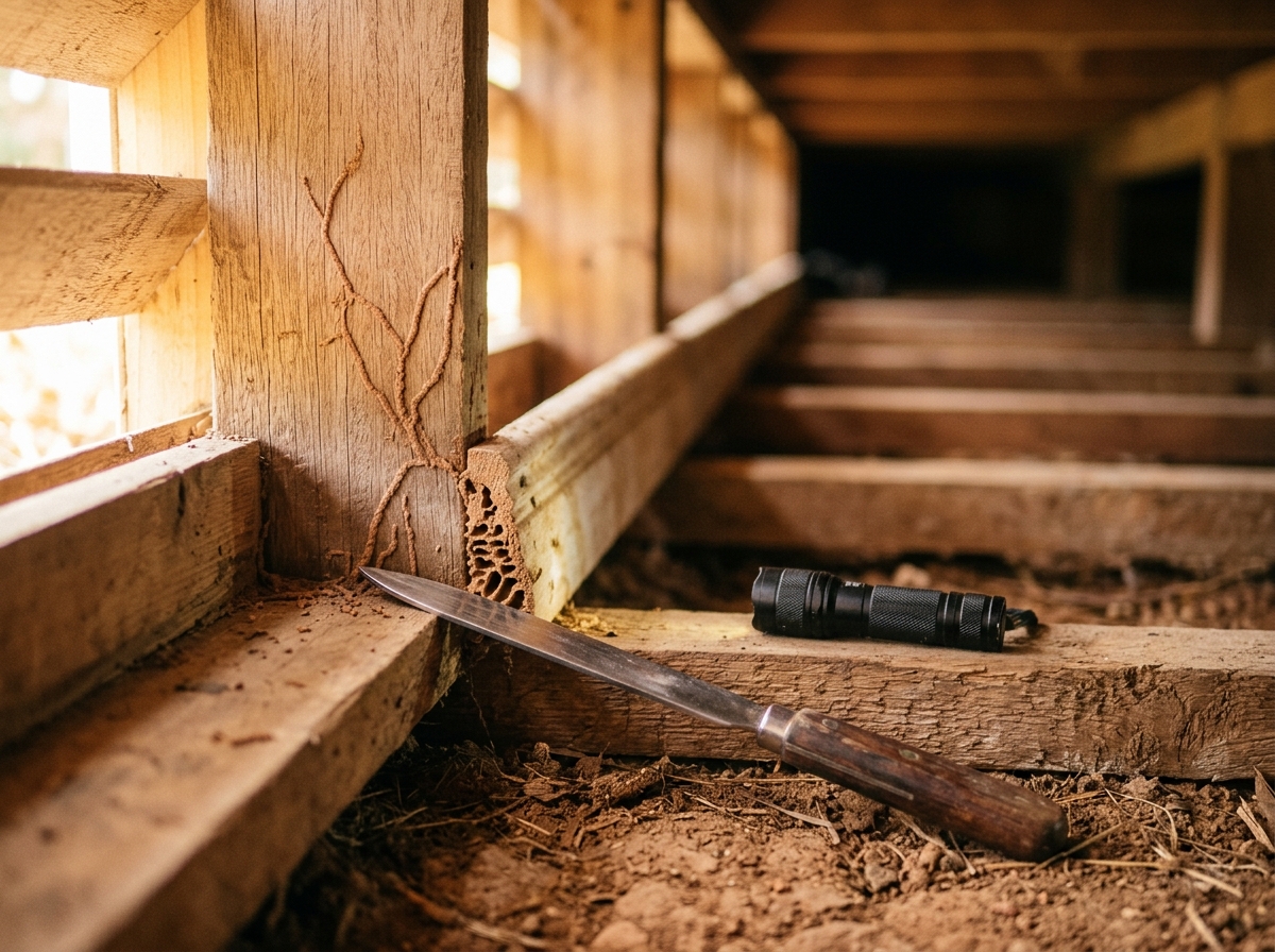 Weathered timber stud with termite mud tubes and honeycombed damage; a steel probe and torch rest on a joist in a sub-floor.