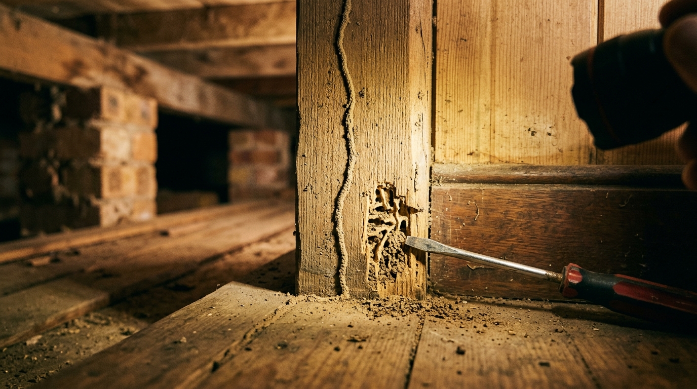 Timber wall stud with thin mud tunnels and a chipped section showing honeycombed termite galleries, screwdriver beside it