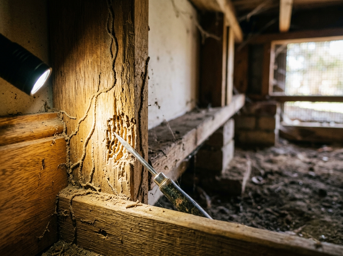 Torchlight rakes across a timber stud and skirting board showing mud tunnels and honeycombed wood, with a probing tool resting against it.
