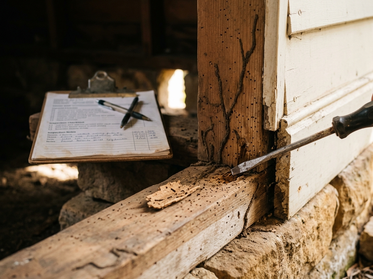 Screwdriver probing a soft spot on a timber stud with mud tunnels and pinholes, termite damage in a sub-floor crawl space.