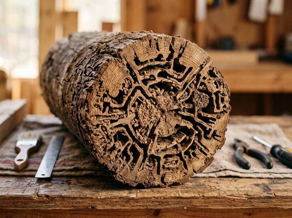 Close-up of a wooden beam cross-section showing intricate termite tunnel networks and gallery damage patterns under studio lighting.
