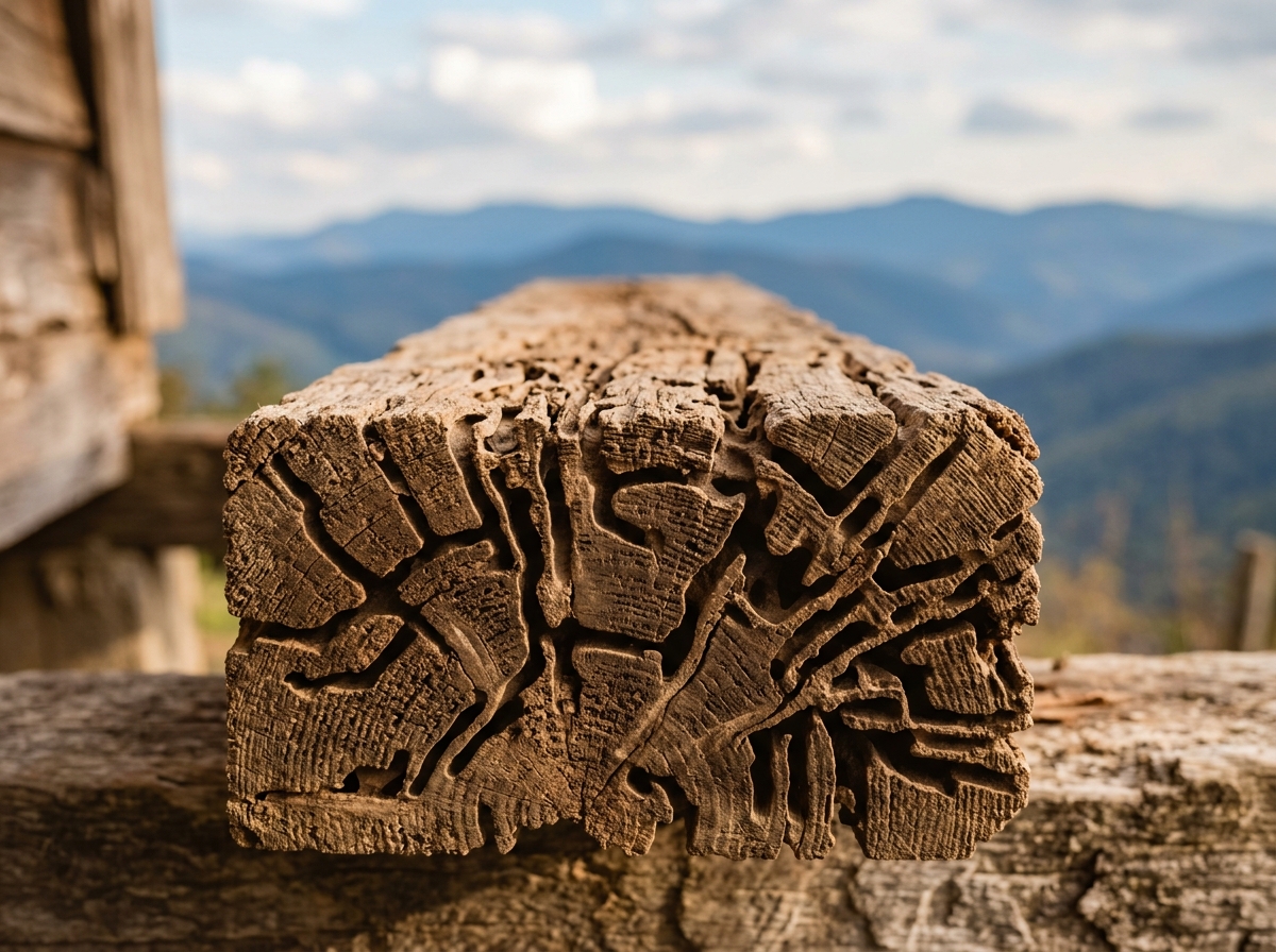 Close-up of termite-damaged wooden beam showing intricate tunnel networks and galleries carved through the wood grain.