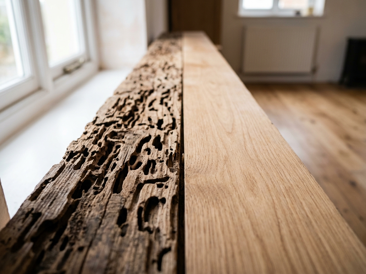 Close-up of wooden beam showing termite damage with visible galleries next to pristine wood, lit by natural window light