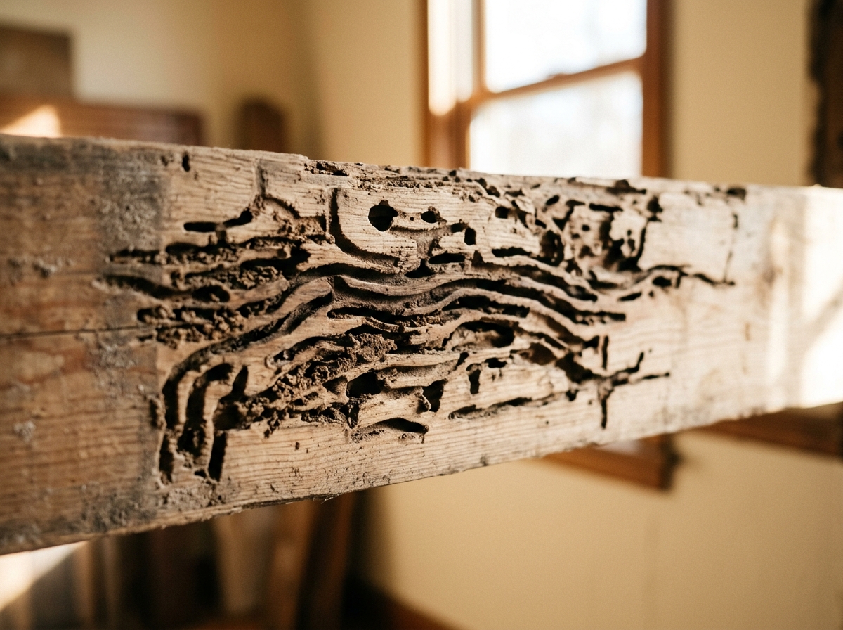 Close-up of wooden beam showing termite damage with visible tunnels and galleries in the wood grain, lit by natural daylight.