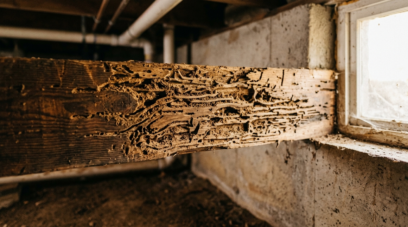 Close-up of wooden beam with termite damage showing tunnels and galleries, basement structural element with visible wood deterioration.